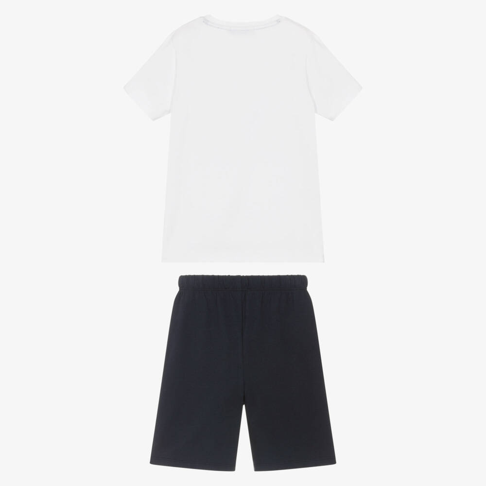 AIGNER-Boys White & Navy Blue Short Pyjamas with Graphic Logo | Childrensalon