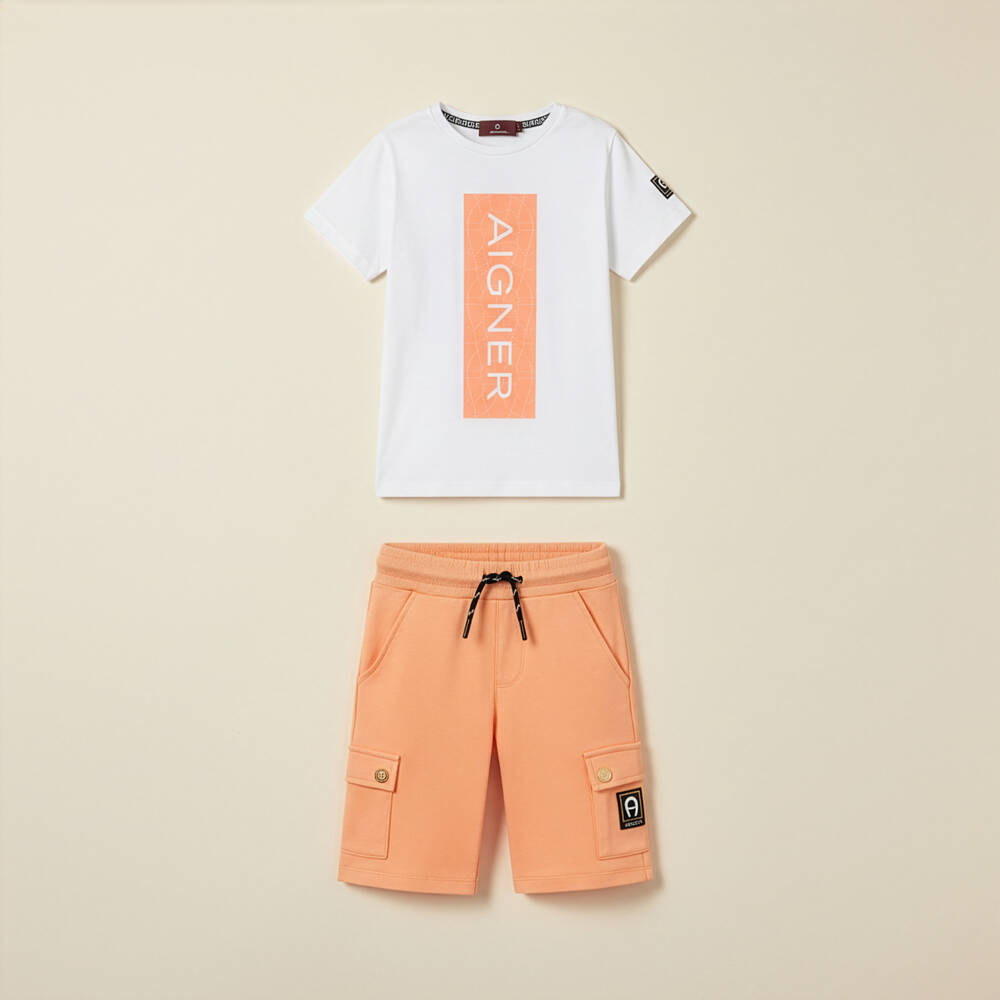 AIGNER-Футболка бело-оранжевая из хлопкового трикотажа с логотипом для мальчиков | Childrensalon