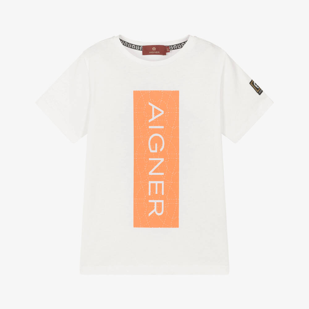 AIGNER-Boys White & Orange Logo Cotton Jersey T-Shirt | Childrensalon