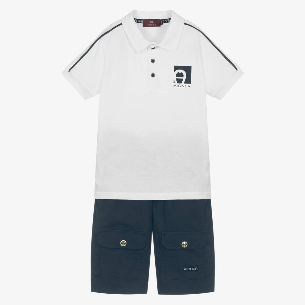 AIGNER-Boys White Polo Shirt & Navy Blue Shorts Set | Childrensalon