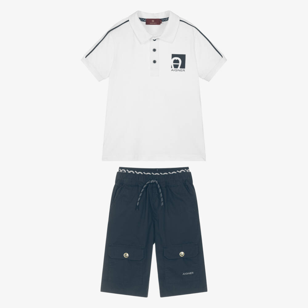 AIGNER-Boys White Polo Shirt & Navy Blue Shorts Set | Childrensalon