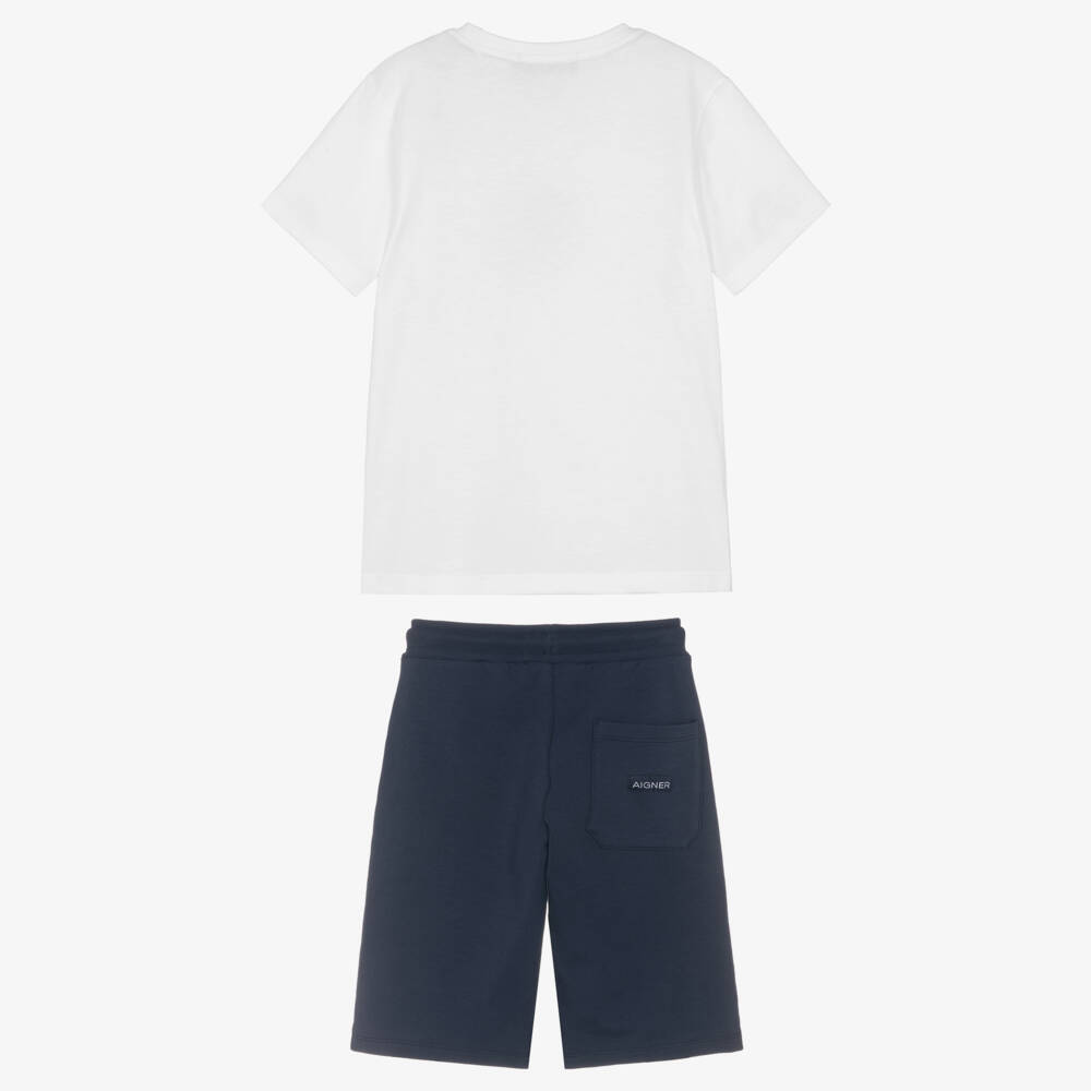 AIGNER-Boys White T-Shirt & Navy Blue A-Logo Shorts Set | Childrensalon