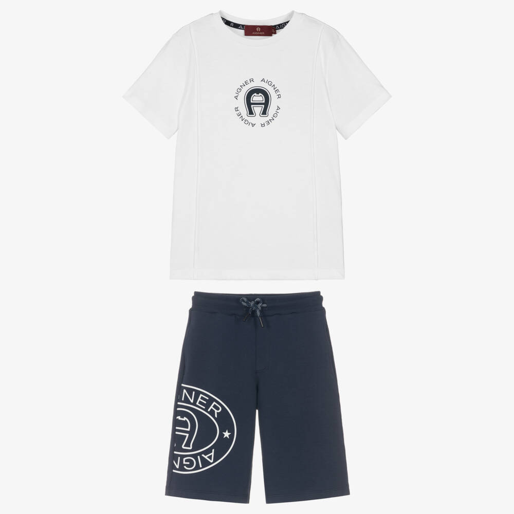 AIGNER-Boys White T-Shirt & Navy Blue A-Logo Shorts Set | Childrensalon