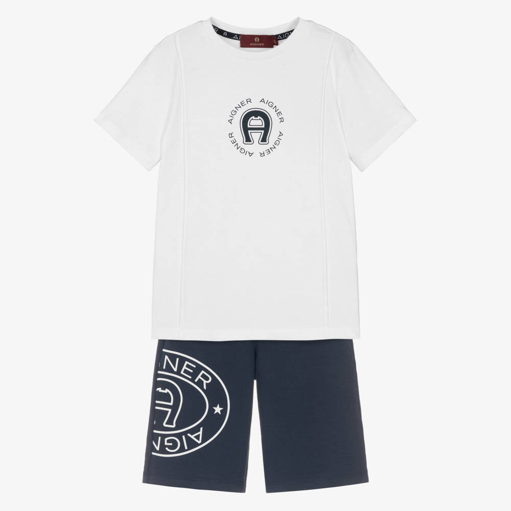 AIGNER-Boys White T-Shirt & Navy Blue A-Logo Shorts Set | Childrensalon