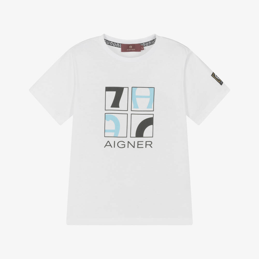 AIGNER-Boys White T-Shirt with Black & Blue Graphic Logo | Childrensalon