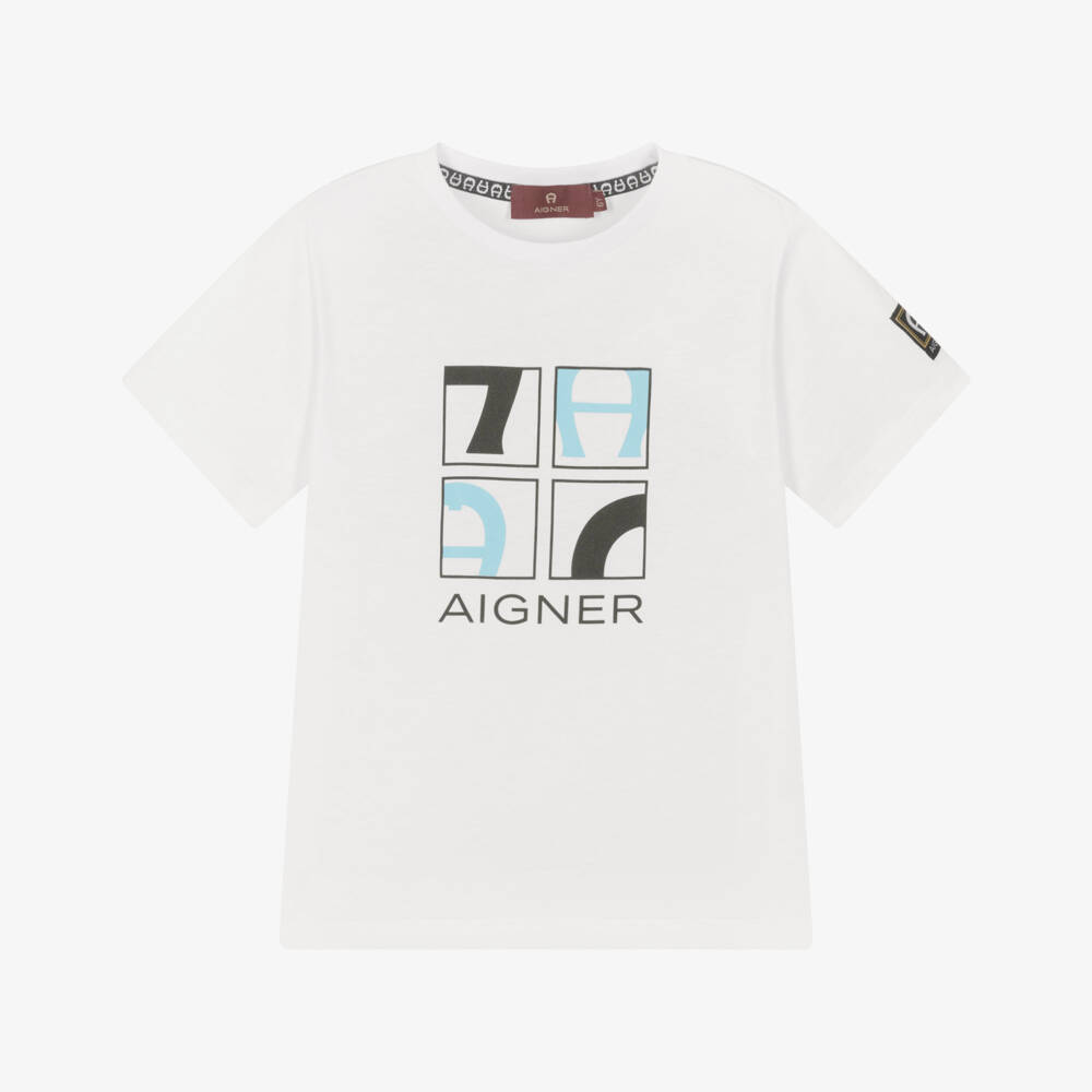 AIGNER-Boys White T-Shirt with Black & Blue Graphic Logo | Childrensalon
