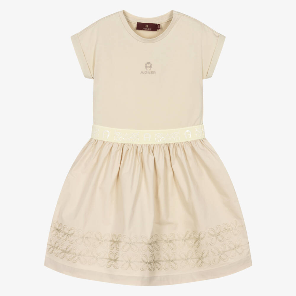 AIGNER-Girls Beige Cotton Dress with Floral Embroidery | Childrensalon