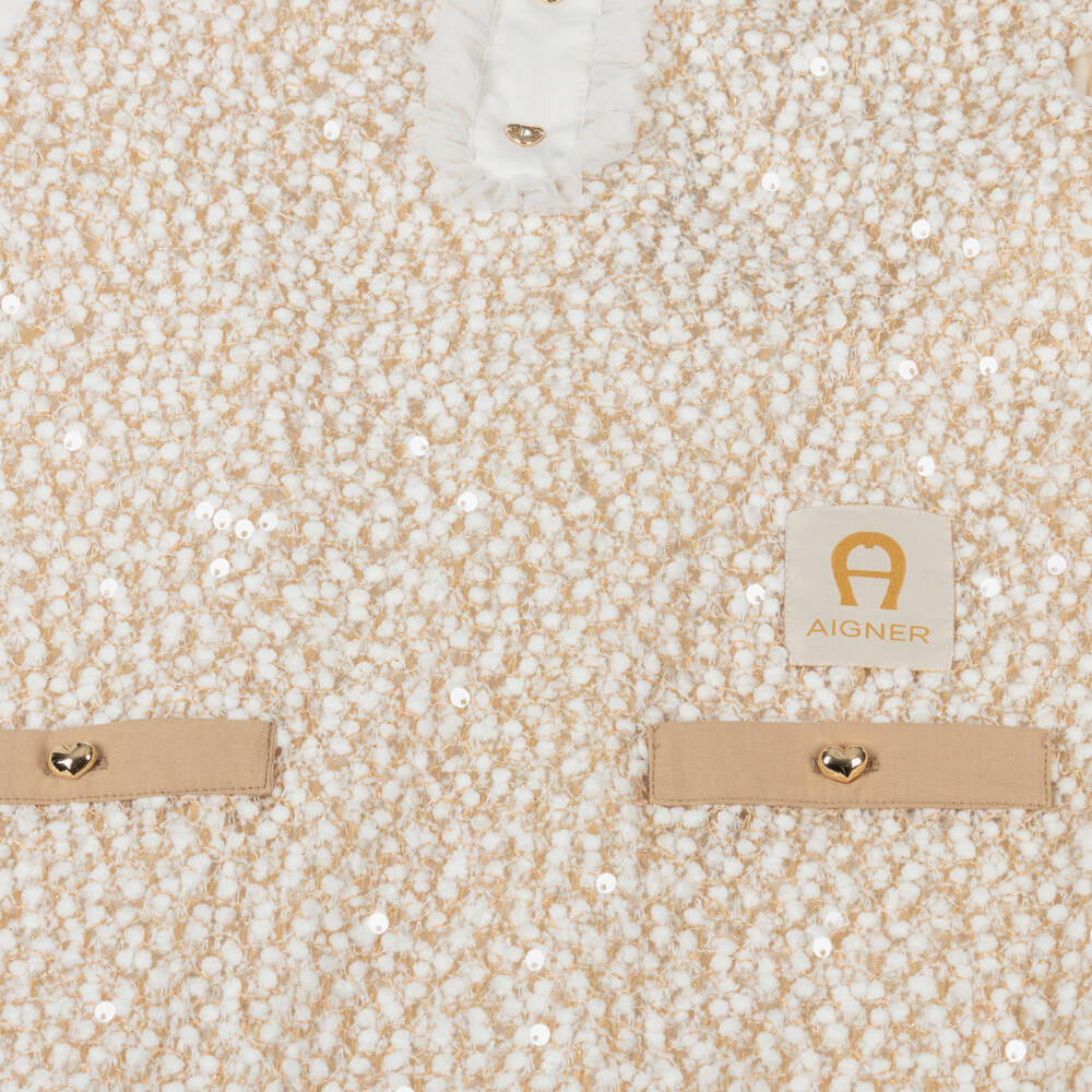 AIGNER-فستان محبوك مزين بالدانتيل والترتر لون بيج للبنات | Childrensalon