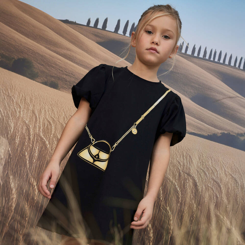 AIGNER-Платье черное из хлопкового трикотажа с принтом сумочки для девочек | Childrensalon