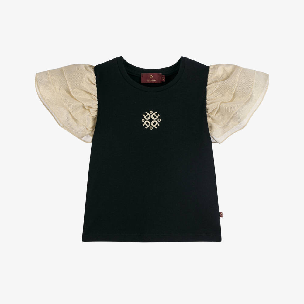 AIGNER-Girls Black Cotton Shimmer Sleeve T-Shirt | Childrensalon