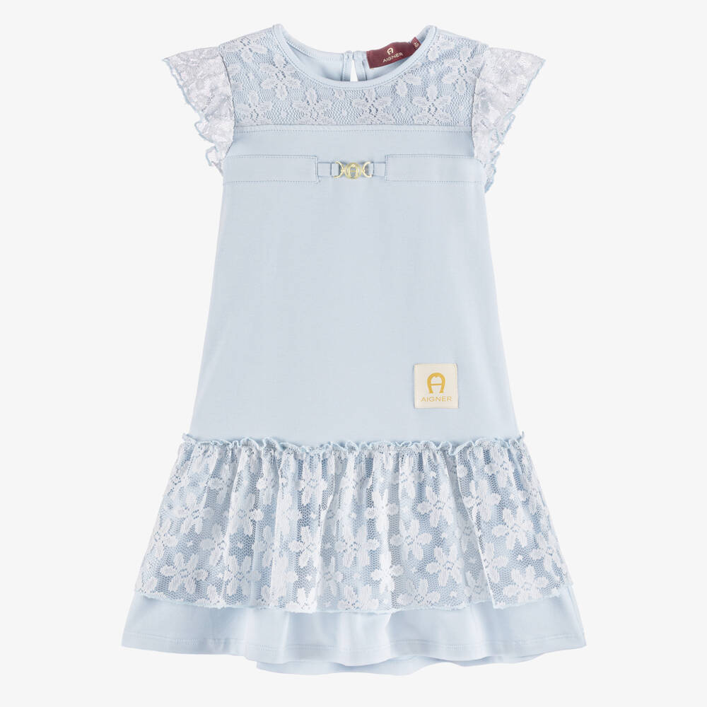 AIGNER-فستان قطن ودانتيل لون أزرق للبنات | Childrensalon