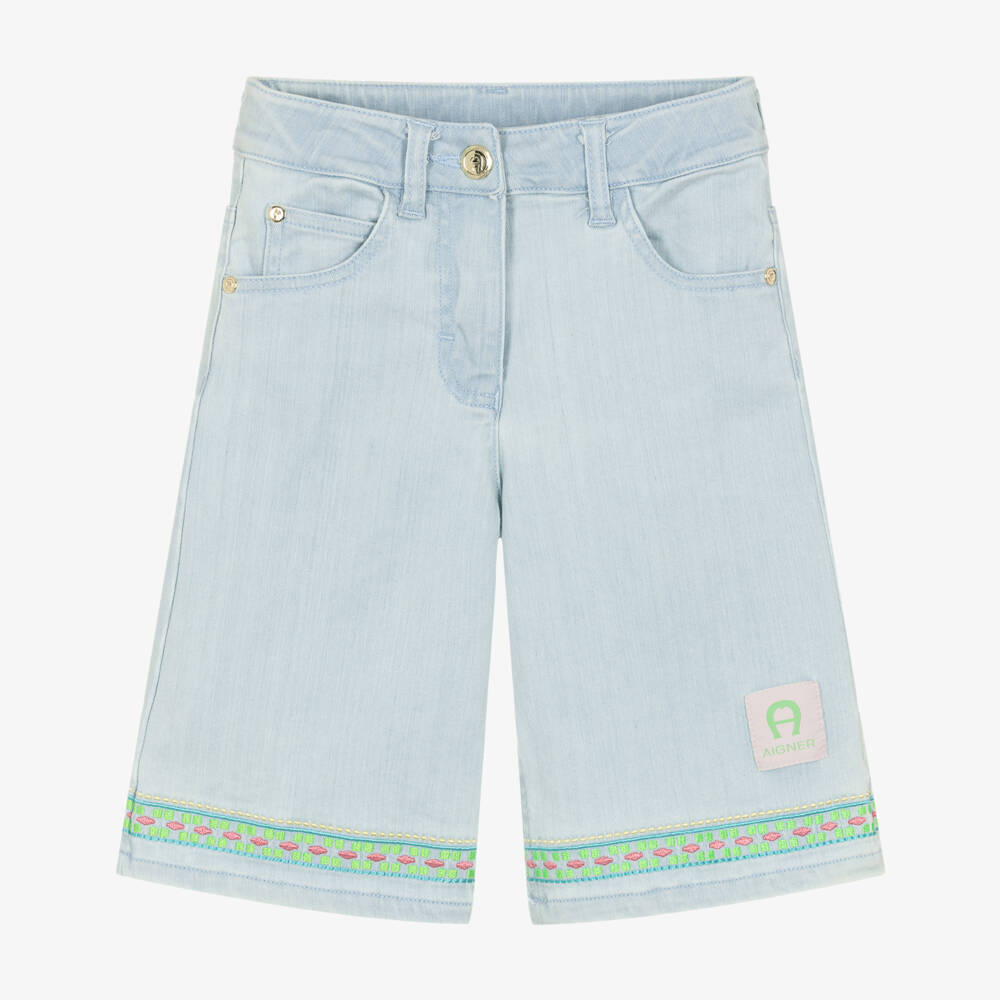 AIGNER-Girls Blue Denim Bermuda Shorts with Embroidered Trim | Childrensalon