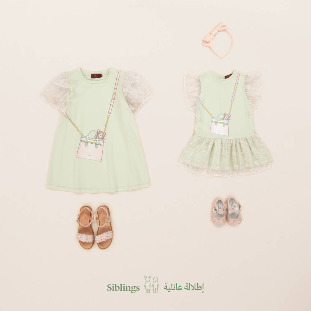 AIGNER-Girls Green Bag Print Cotton Dress | Childrensalon