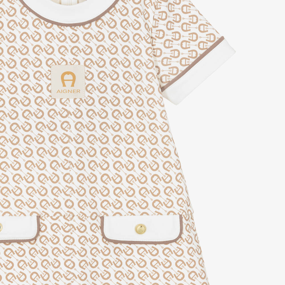 AIGNER-Girls Ivory & Beige A-Logo Cotton Dress | Childrensalon