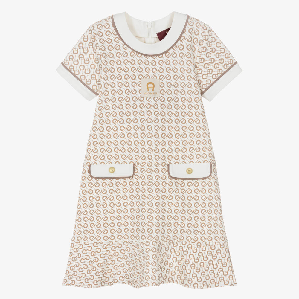 AIGNER-Girls Ivory & Beige A-Logo Cotton Dress | Childrensalon