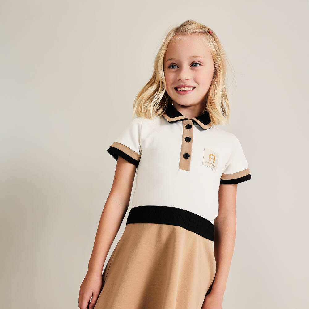 AIGNER-Girls Ivory & Beige Cotton Polo Dress | Childrensalon
