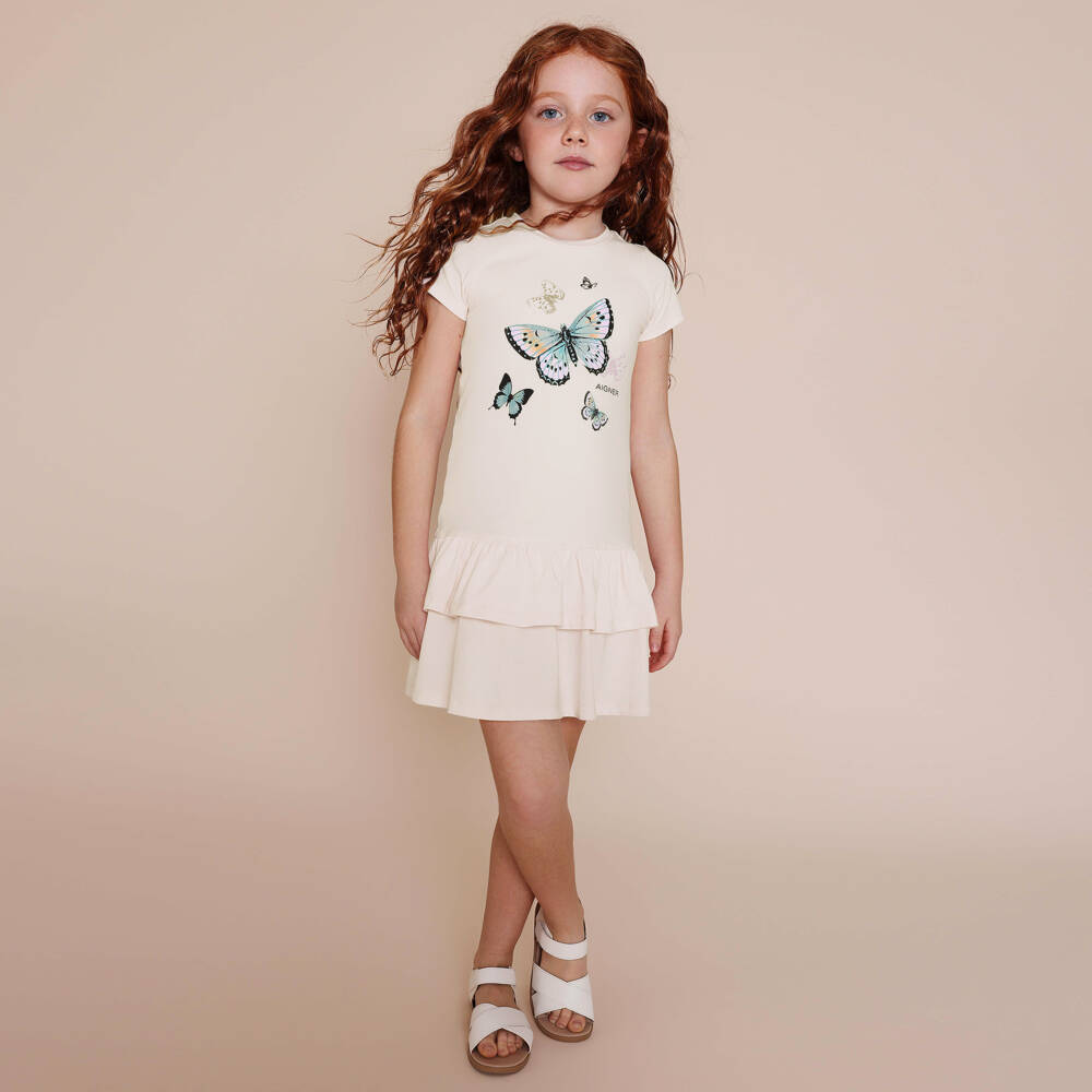 AIGNER-Girls Ivory Butterfly Print Cotton Jersey Dress | Childrensalon