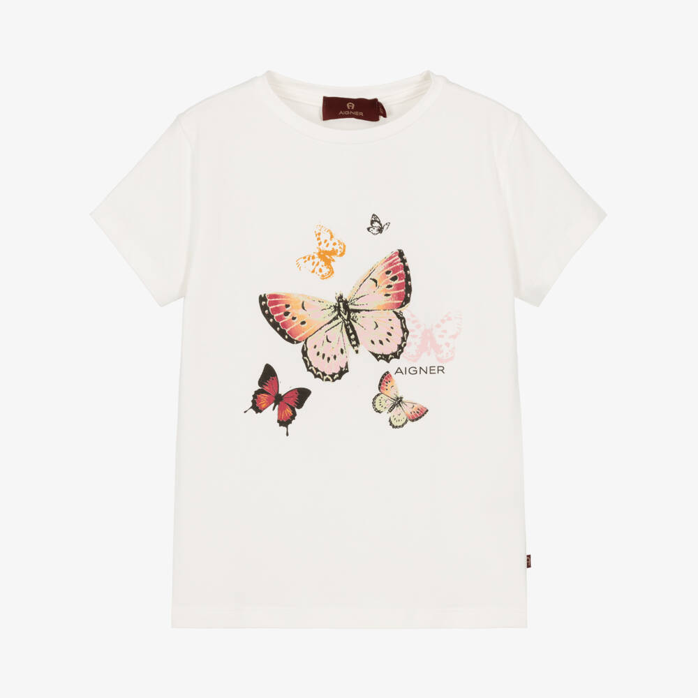 AIGNER-Girls Ivory Butterfly Print Cotton T-Shirt | Childrensalon