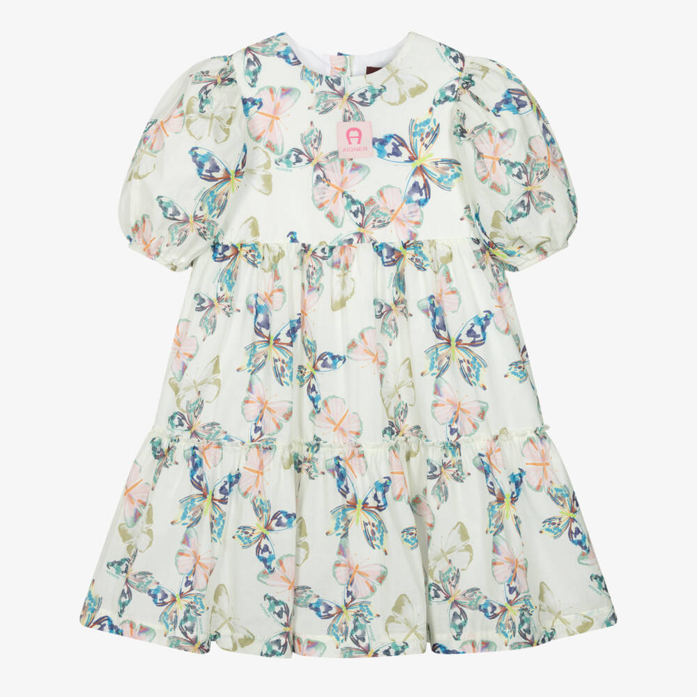 AIGNER-Girls Ivory & Colourful Butterfly Print Cotton Dress | Childrensalon