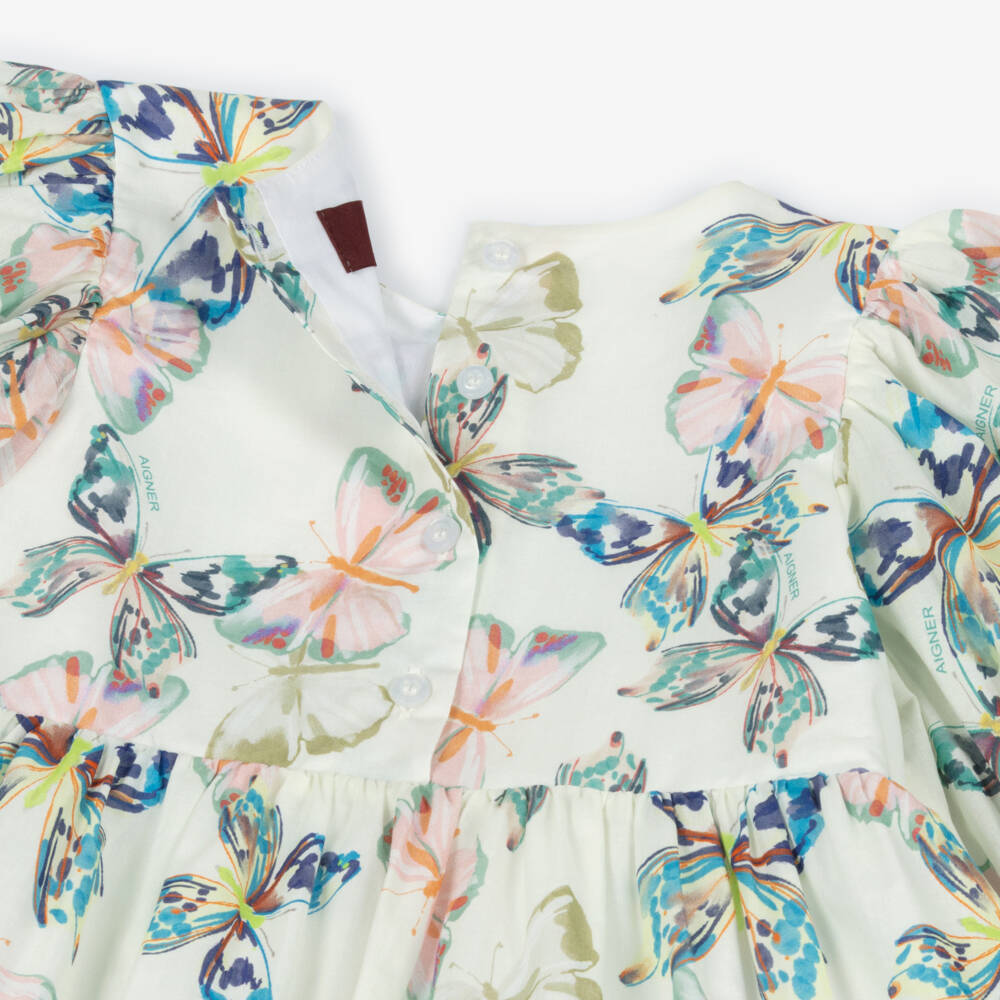 AIGNER-Girls Ivory & Colourful Butterfly Print Cotton Dress | Childrensalon