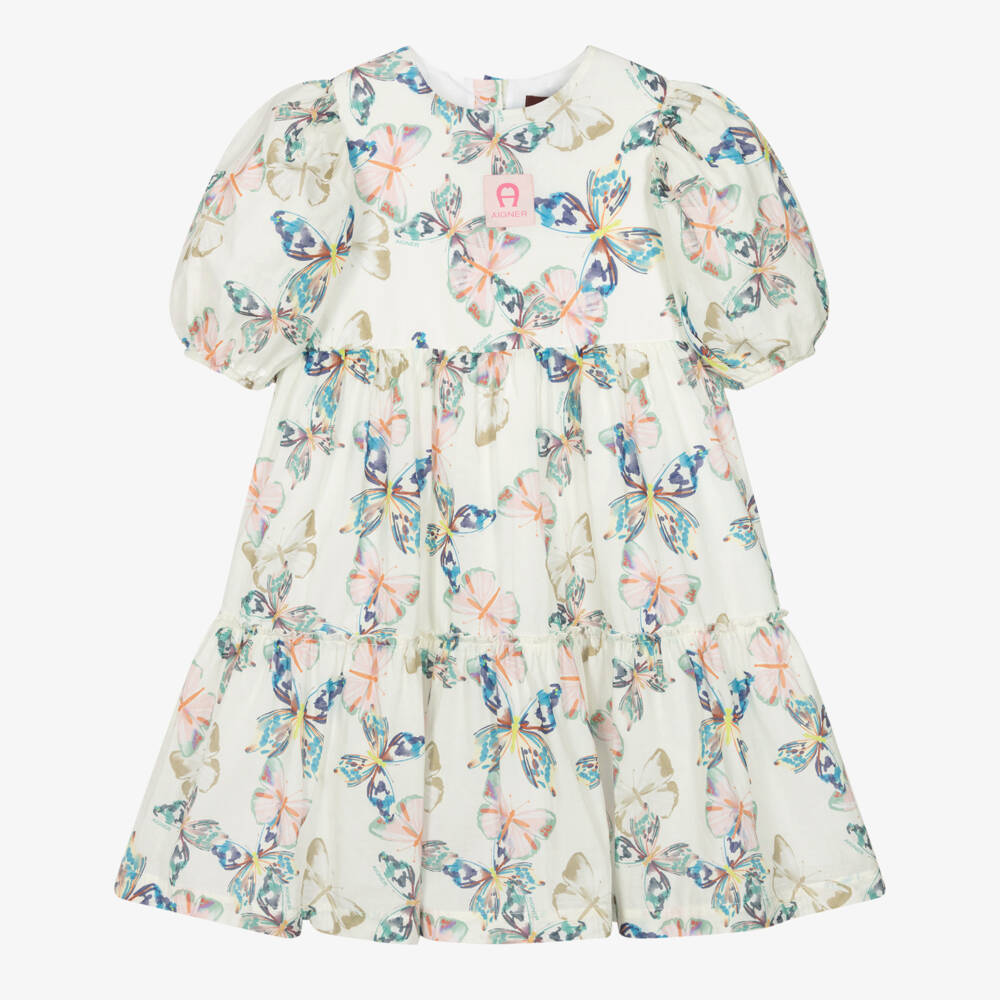 AIGNER-Girls Ivory & Colourful Butterfly Print Cotton Dress | Childrensalon
