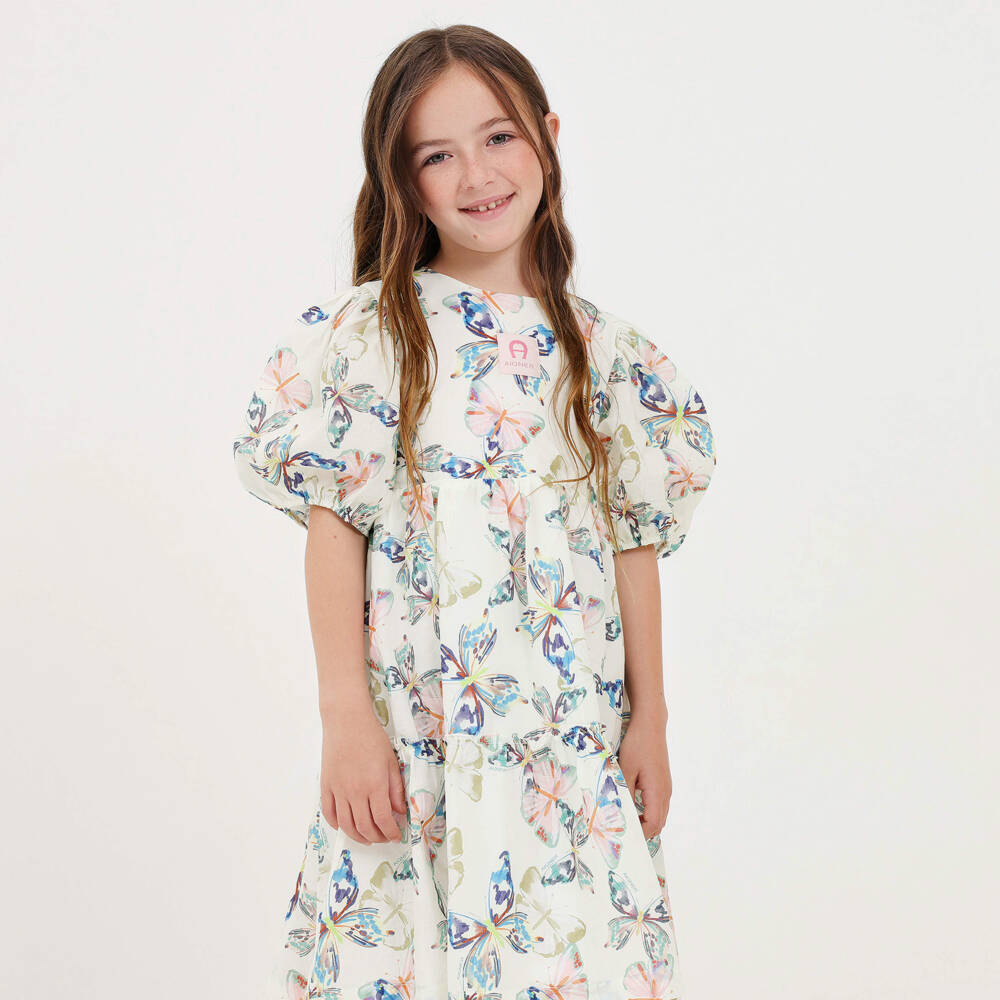 AIGNER-Girls Ivory & Colourful Butterfly Print Cotton Dress | Childrensalon