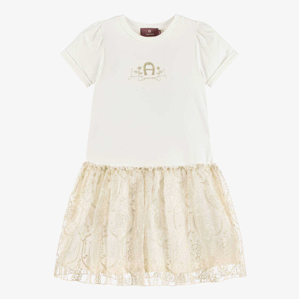 AIGNER-Girls Ivory Cotton Dress with Embroidered Tulle Skirt | Childrensalon