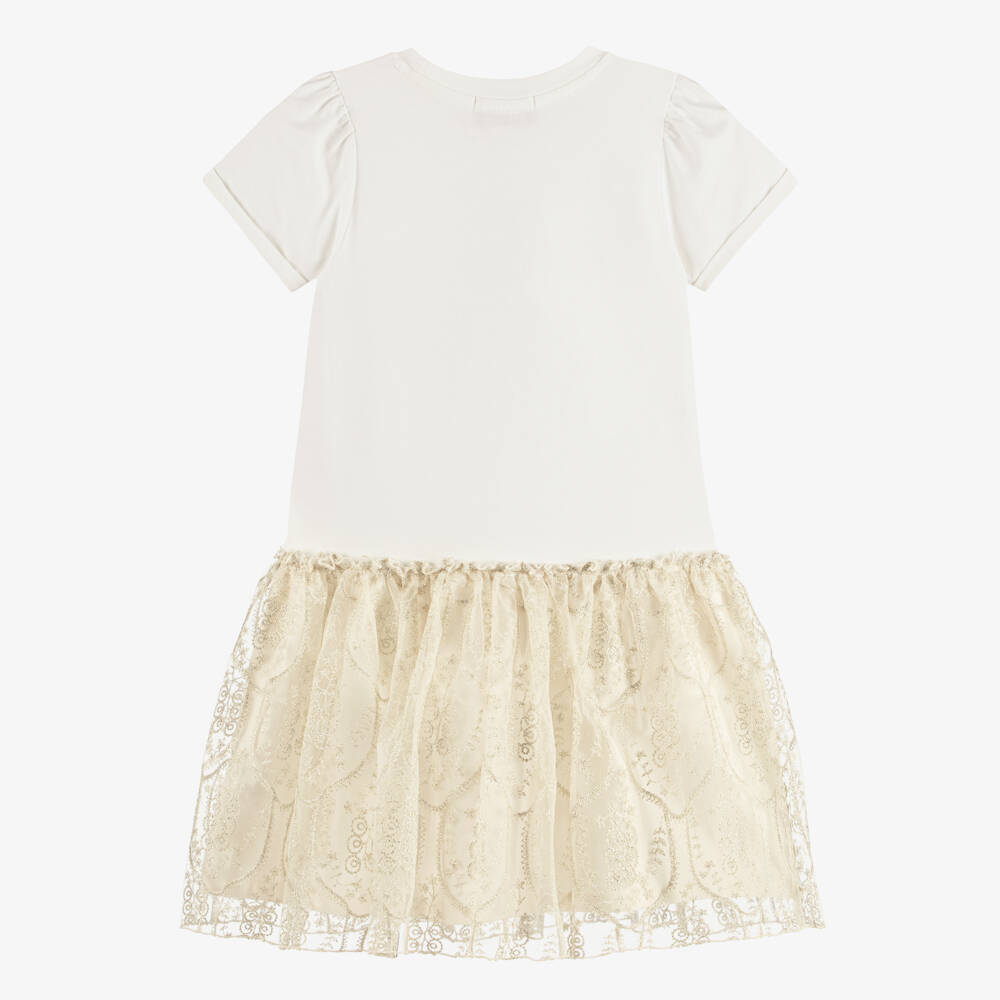 AIGNER-Girls Ivory Cotton Dress with Embroidered Tulle Skirt | Childrensalon