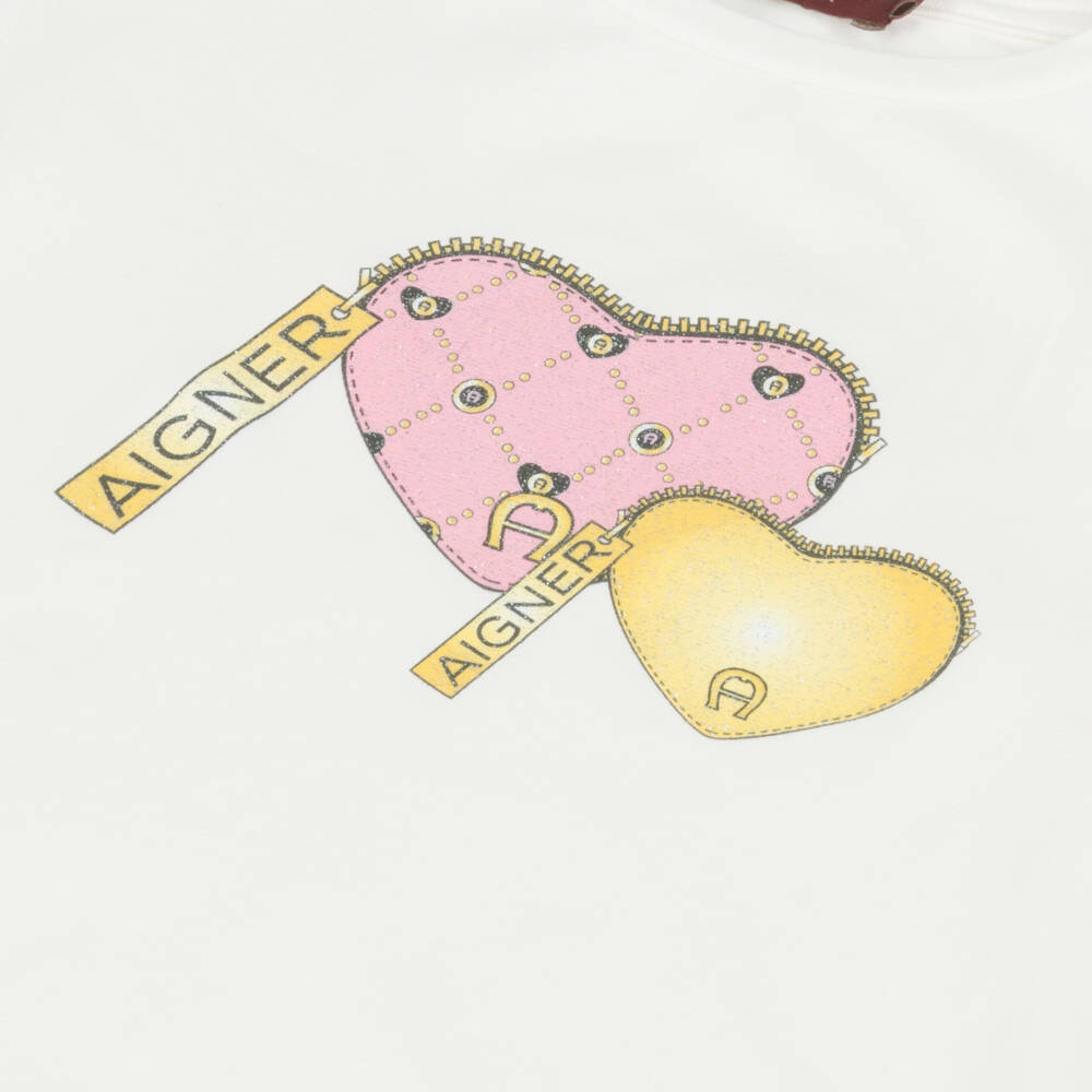 AIGNER-Girls Ivory Cotton Heart Purses T-Shirt | Childrensalon