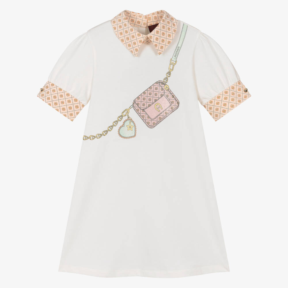 AIGNER-Girls Ivory Cotton Jersey Dress with Bag Print | Childrensalon