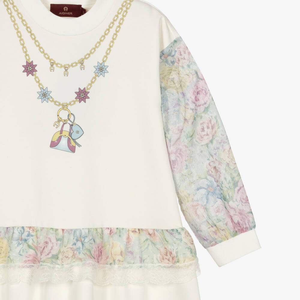 AIGNER-Girls Ivory Cotton Jersey Dress with Floral Trims | Childrensalon