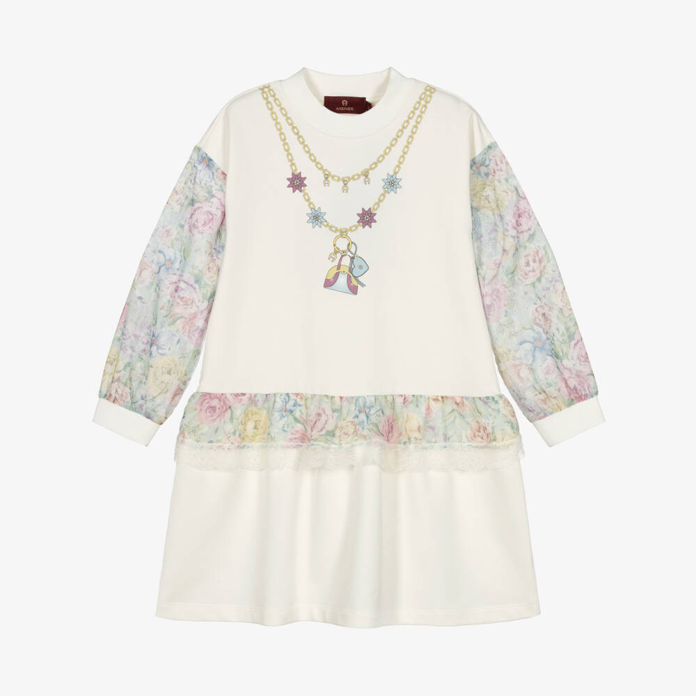 AIGNER-Girls Ivory Cotton Jersey Dress with Floral Trims | Childrensalon