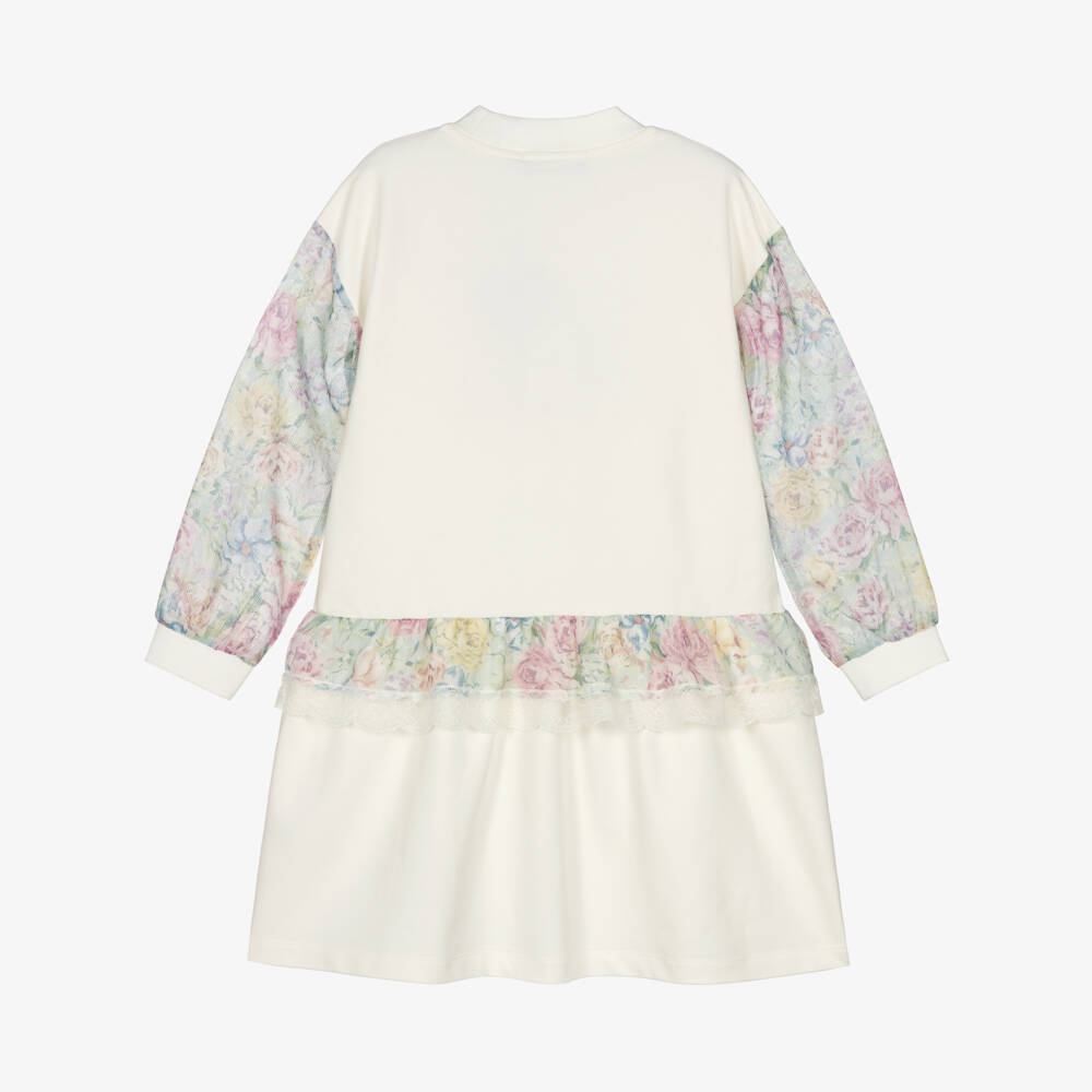 AIGNER-Girls Ivory Cotton Jersey Dress with Floral Trims | Childrensalon