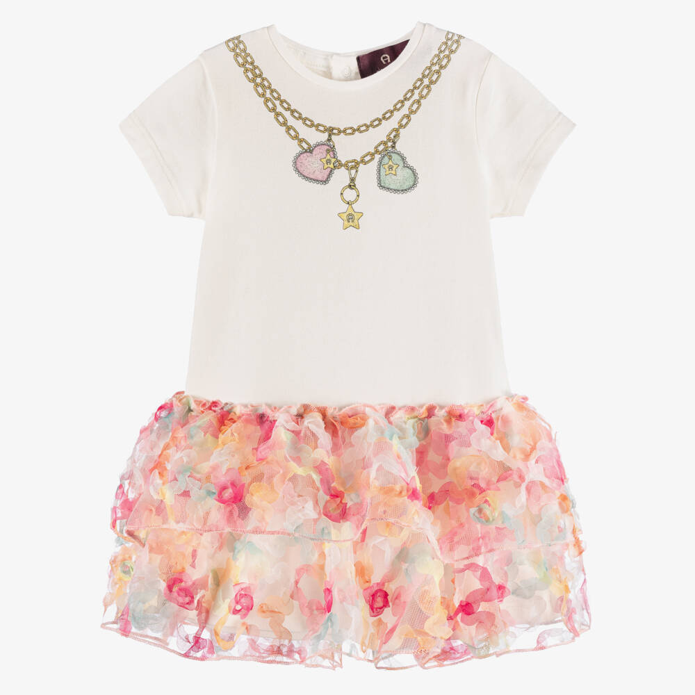 AIGNER-Girls Ivory Cotton Jersey & Pink Floral Tulle Dress | Childrensalon