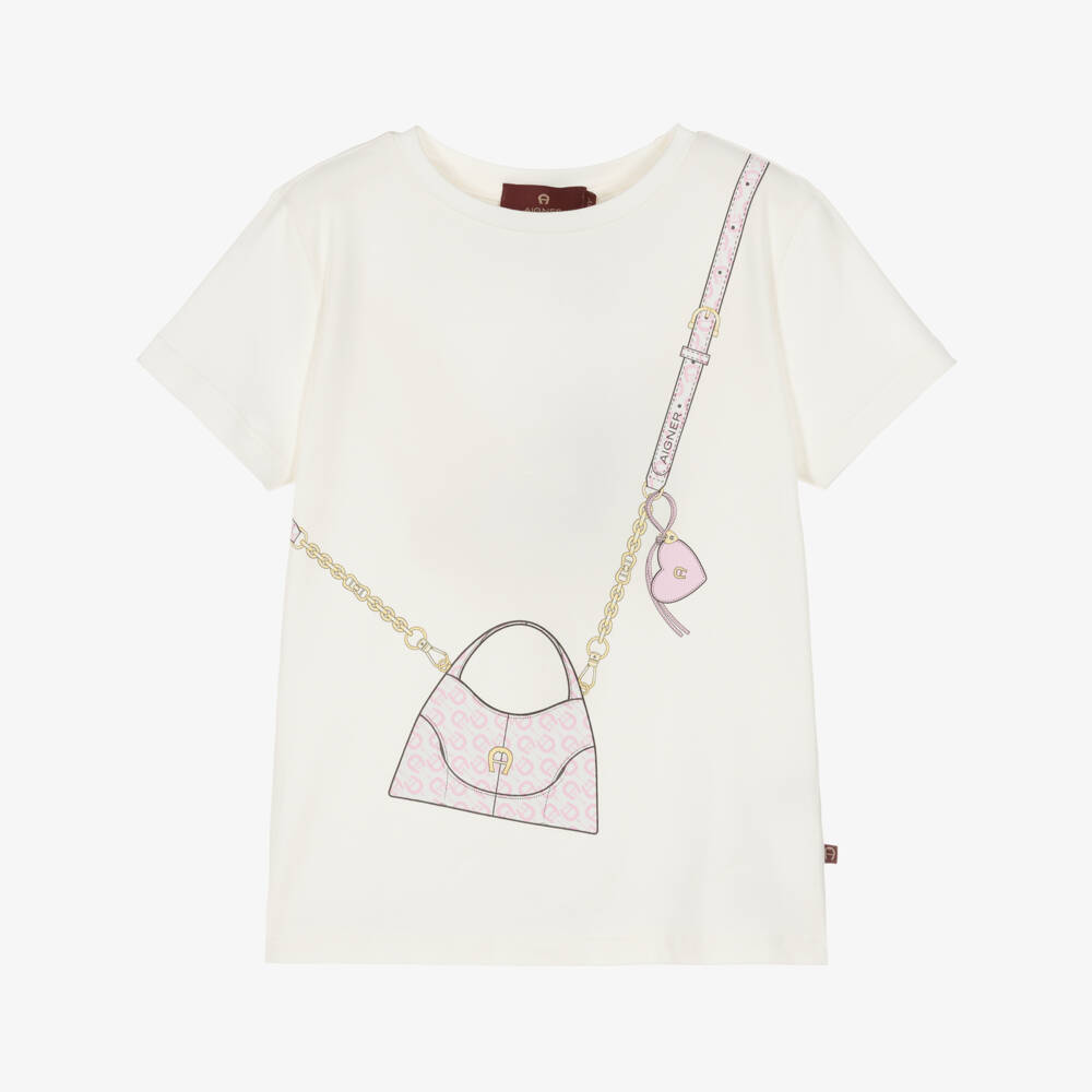 AIGNER-Girls Ivory Cotton Jersey T-Shirt with Handbag Print | Childrensalon