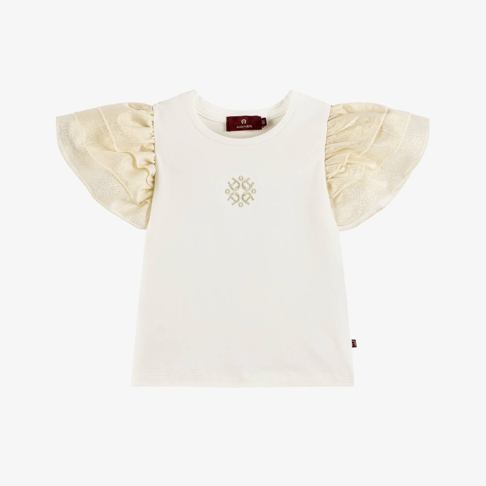 AIGNER-Girls Ivory Cotton Shimmer Sleeve T-Shirt | Childrensalon