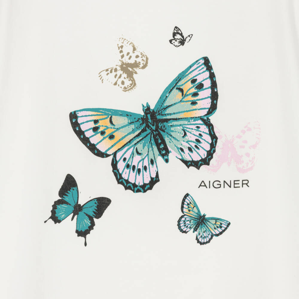 AIGNER-Girls Ivory Cotton T-Shirt with Butterfly & Logo Print | Childrensalon