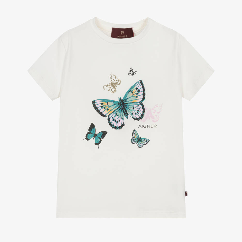 AIGNER-Girls Ivory Cotton T-Shirt with Butterfly & Logo Print | Childrensalon