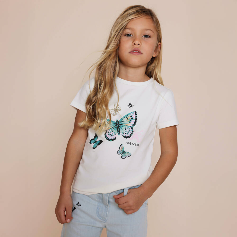 AIGNER-تيشيرت قطن بطبعة فراشة لون عاجي للبنات | Childrensalon