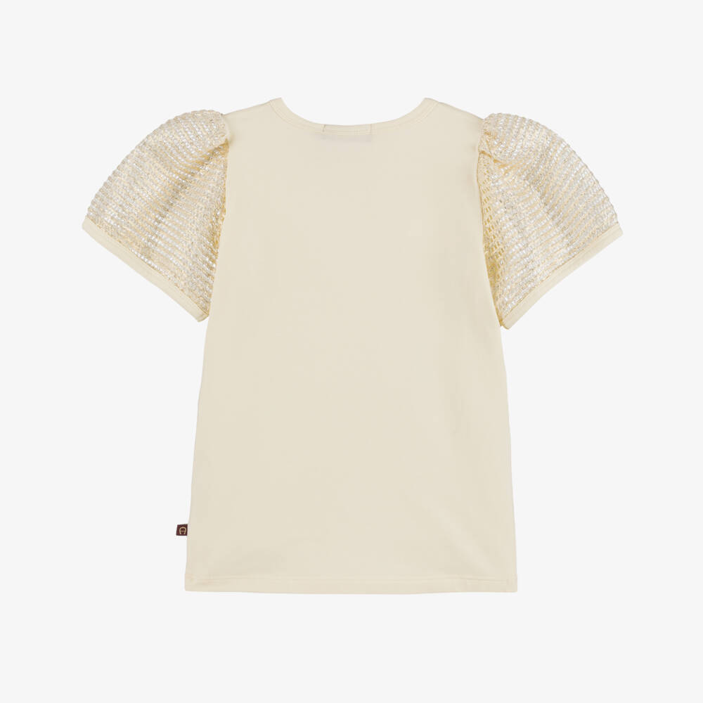 AIGNER-Girls Ivory Cotton T-Shirt with Metallic Mesh Puff Sleeves | Childrensalon