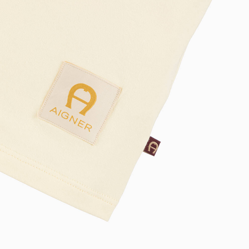 AIGNER-Girls Ivory Cotton T-Shirt with Metallic Mesh Puff Sleeves | Childrensalon