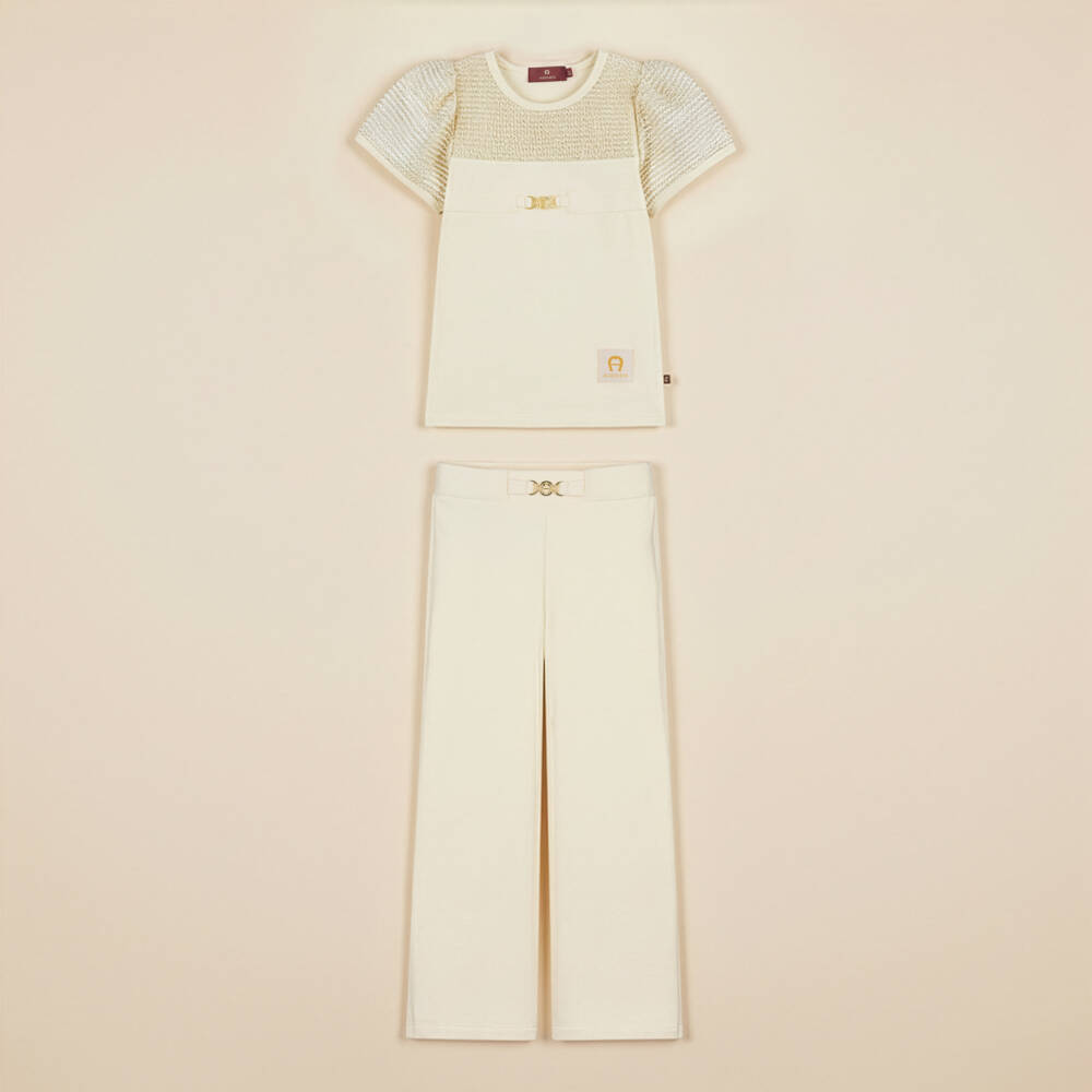 AIGNER-Girls Ivory Cotton T-Shirt with Metallic Mesh Puff Sleeves | Childrensalon