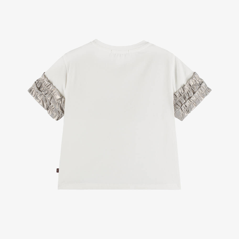 AIGNER-Girls Ivory Cotton T-Shirt with Shimmery Ruffles | Childrensalon