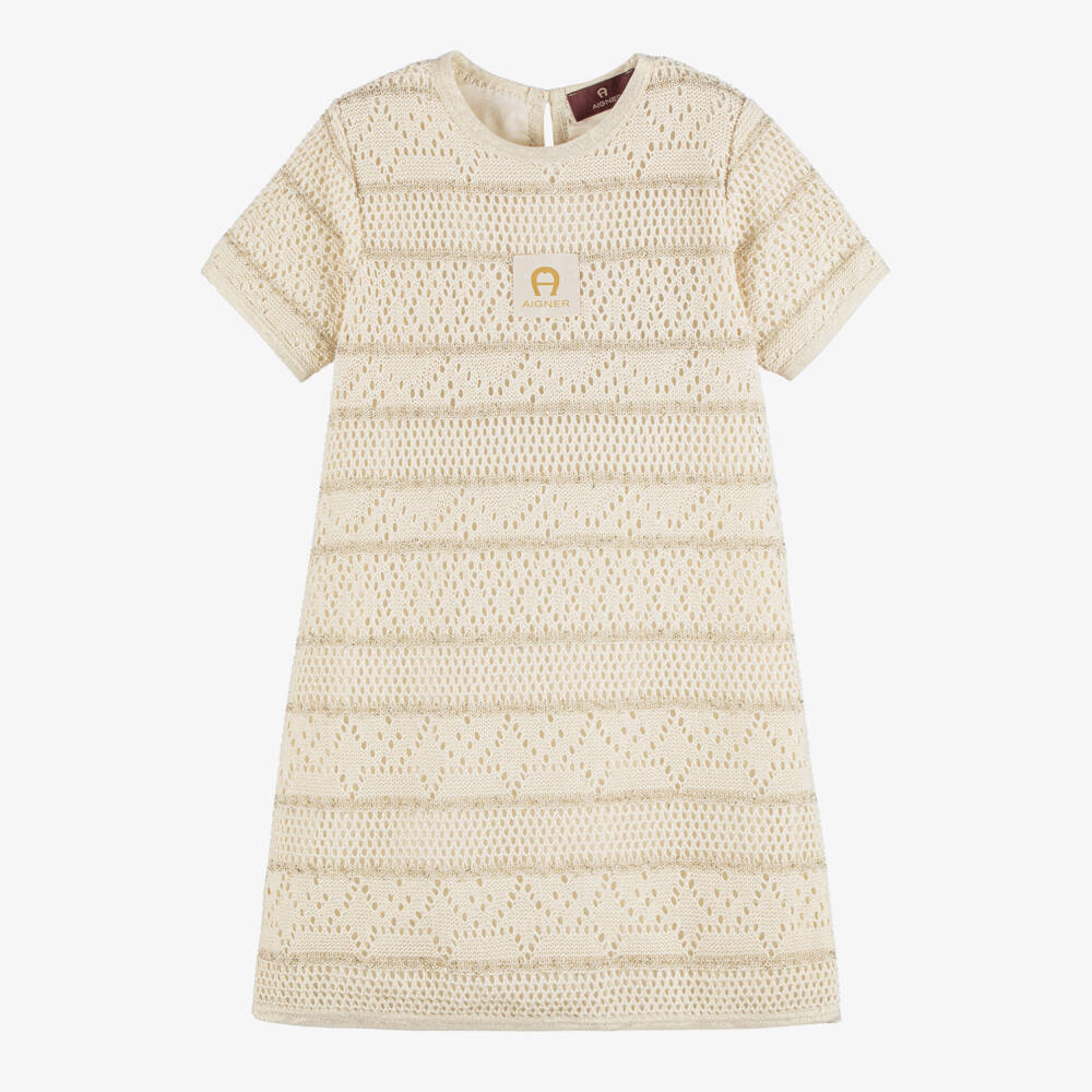 AIGNER-Girls Ivory & Gold Crochet Dress | Childrensalon
