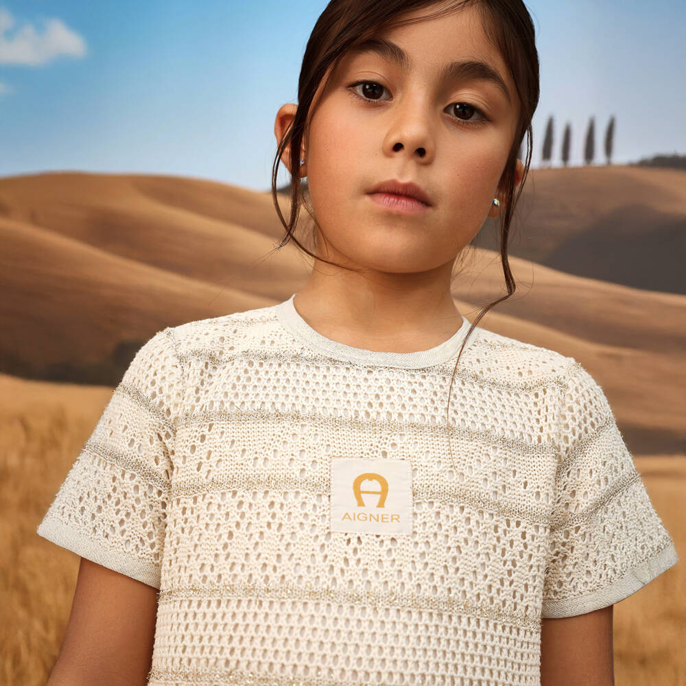 AIGNER-Платье кремово-золотое кружевное для девочек | Childrensalon