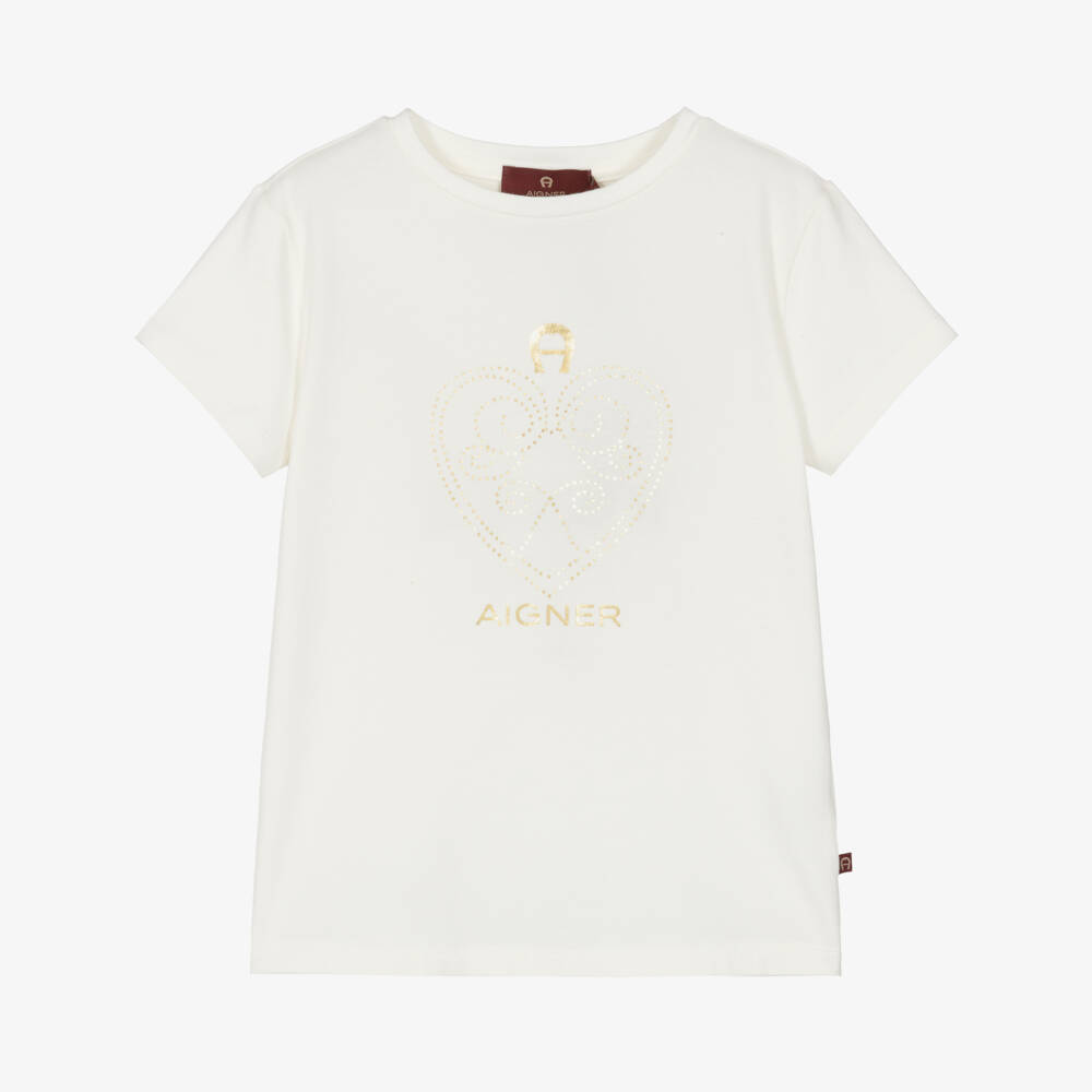 AIGNER-Girls Ivory & Gold Logo Print Cotton T-Shirt | Childrensalon