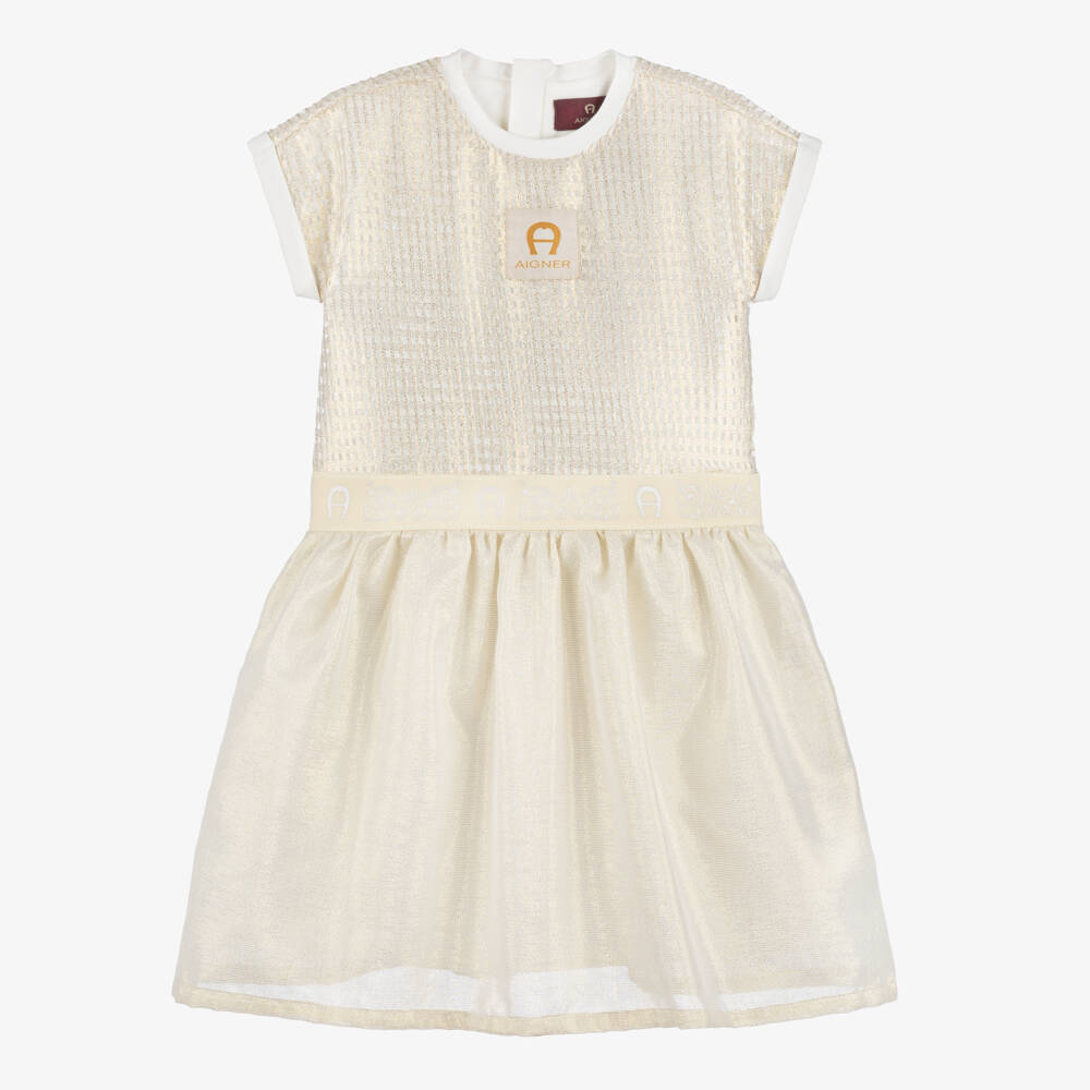 AIGNER-Girls Ivory Jersey & Gold Mesh Dress with Logo Waistband | Childrensalon
