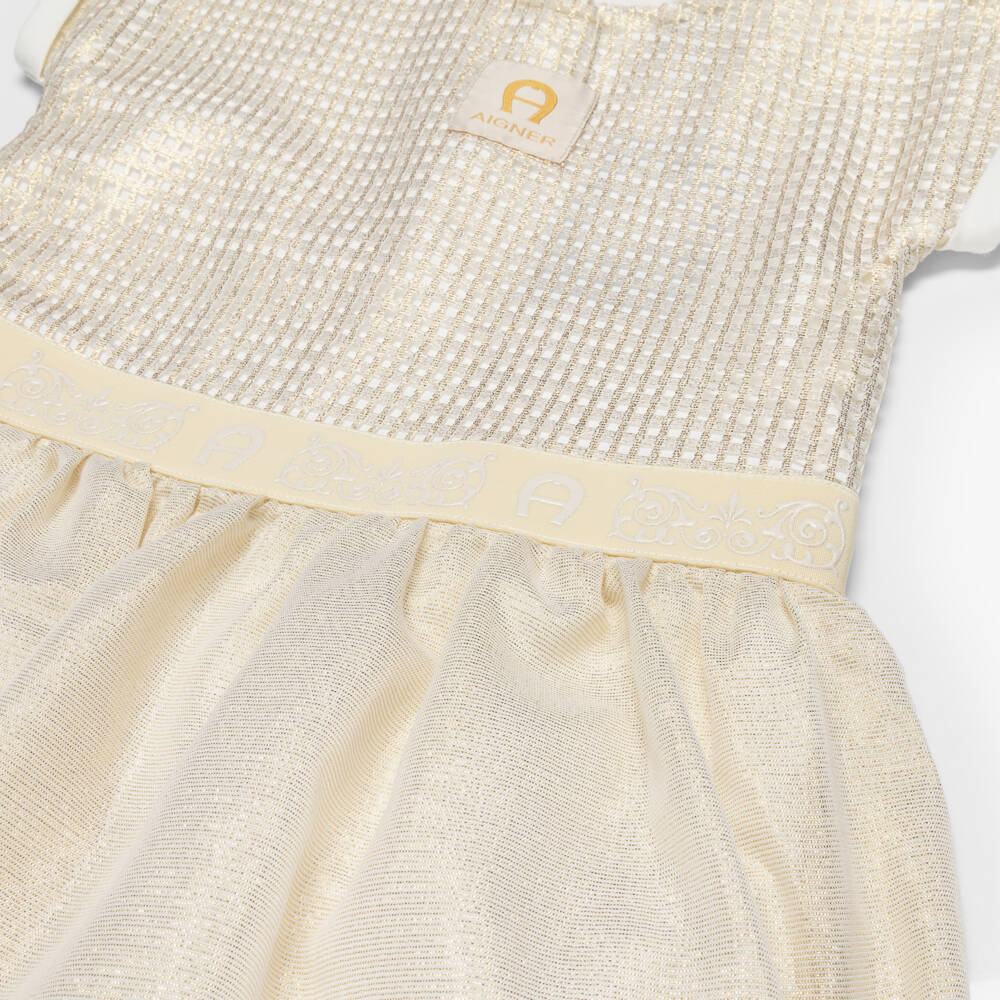 AIGNER-Платье кремовое из трикотажа и золотой сетки с логотипом для девочек | Childrensalon
