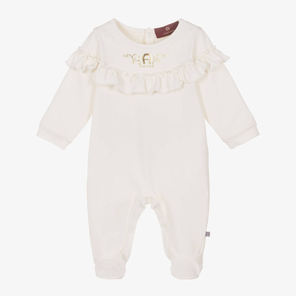 AIGNER-Girls Ivory Pima Cotton Babygrow with Ruffle Trim | Childrensalon