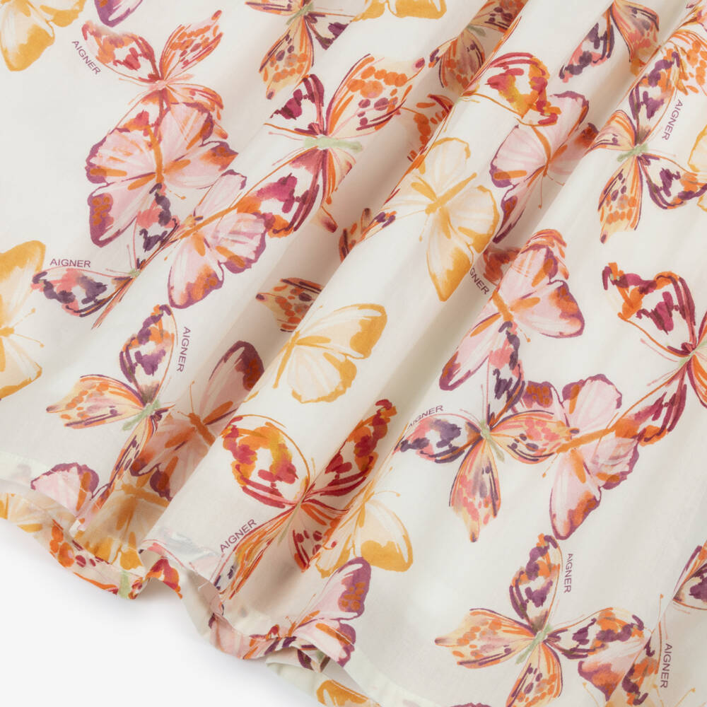 AIGNER-Girls Ivory & Pink Butterfly Print Cotton Dress | Childrensalon